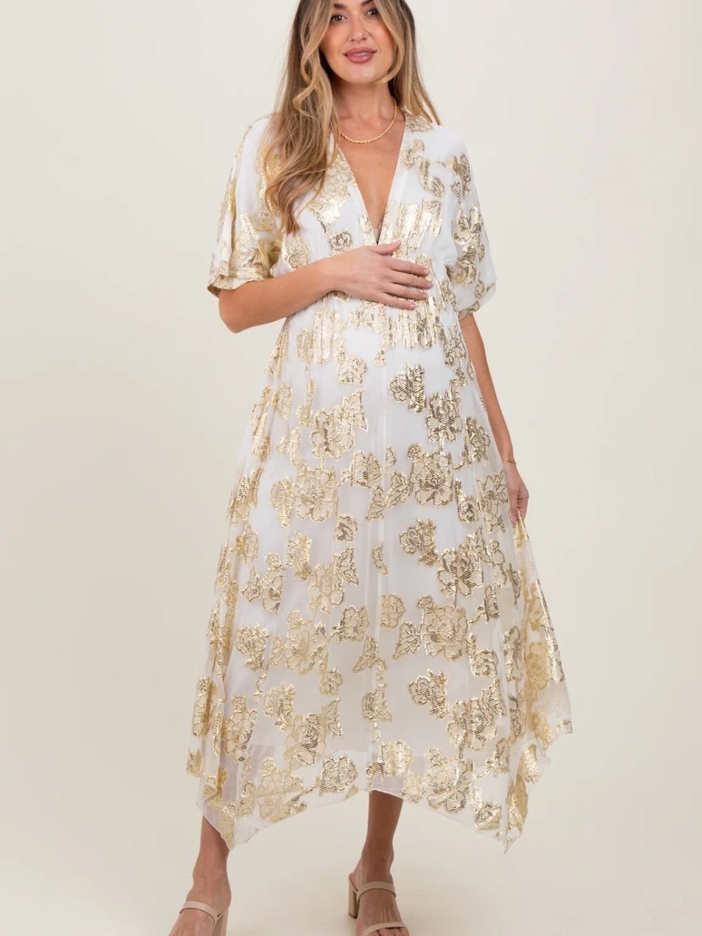 Cream Metallic Floral Jacquard Overlay Maternity